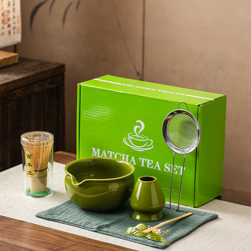 Japanese matcha tea set with bowl, bamboo whisk, scoop and stand